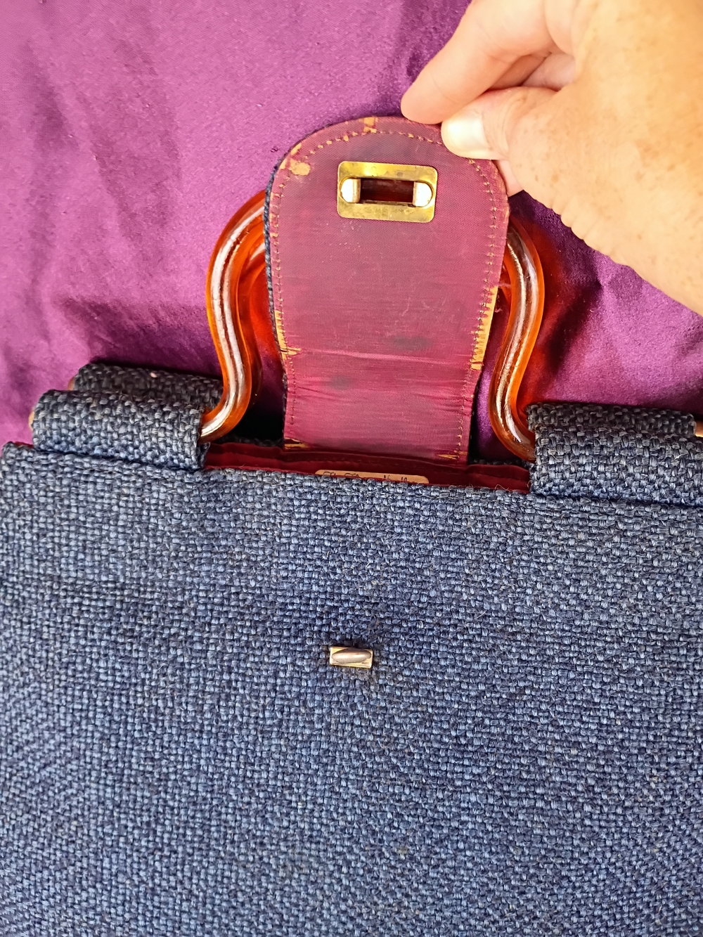 Navy Floral Needlepoint Satchel with Amber Handles - Picture 7 of 16